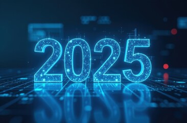 "2025» in clean, modern typography surrounded by futuristic medical equipment and holographic health data.