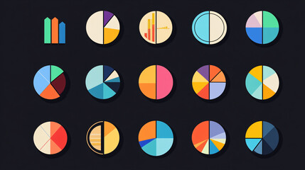An icon set depicting a pie chart divided into 29 segments, useful for infographics and data representation