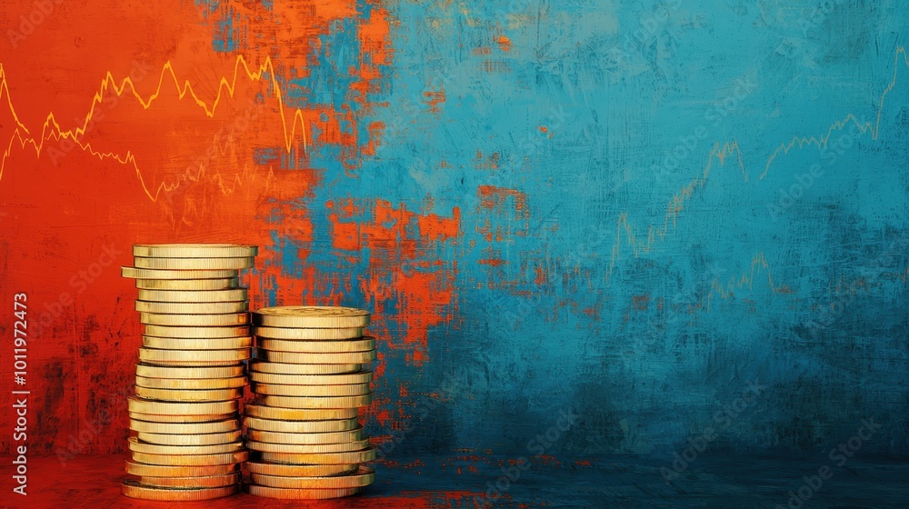 Poster stacks of coins sit against a vibrant blue and red background with subtle graph lines, symbolizing f