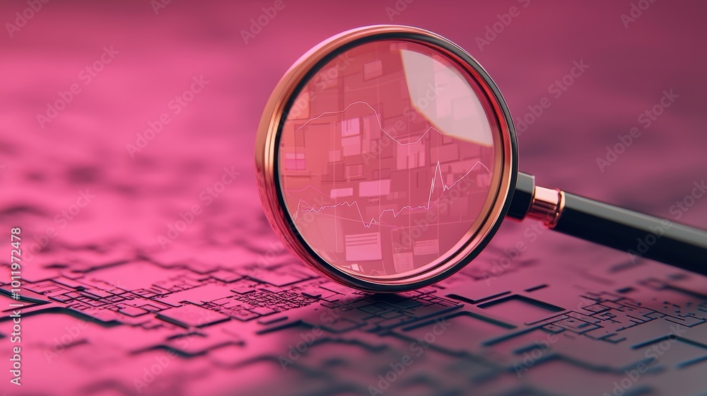 Poster a magnifying glass is focused on intricate circuit patterns on a vibrant pink surface, emphasizing d