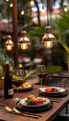 A romantic dinner setting with warm lighting and copper pendant lights.