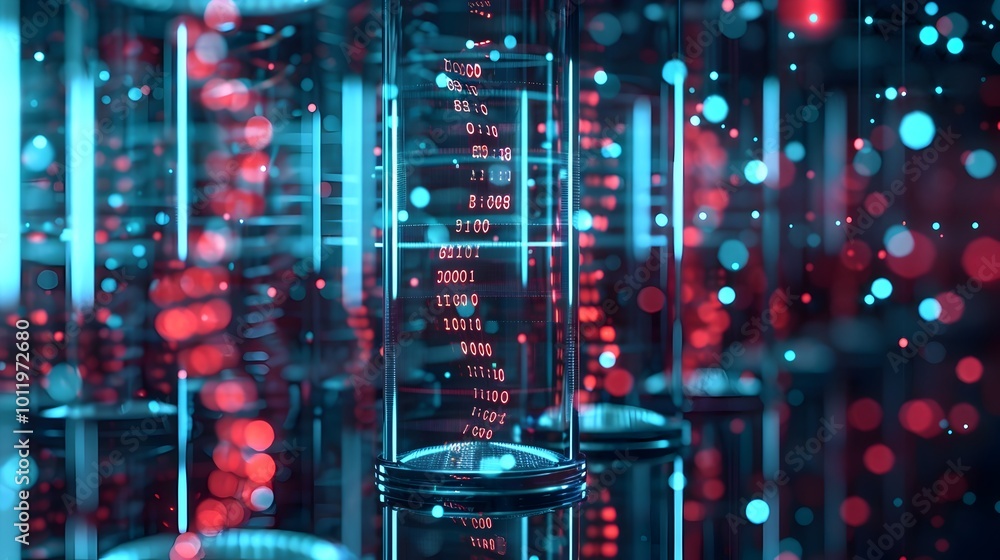 Poster encrypted digital archive represented by dna helices in glass tubes with binary code