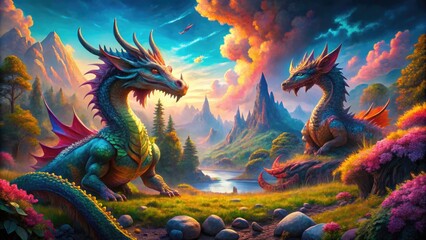 Colorful and Enchanting Dragons in a Fantasy Landscape with Mystical Elements and Vibrant Colors
