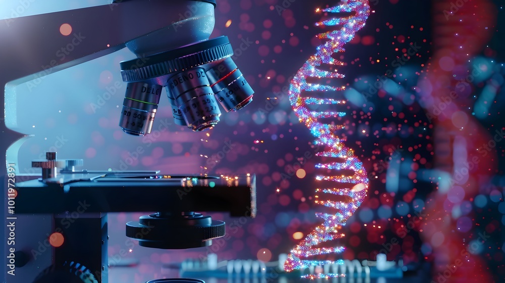 Poster high tech microscope zooming in on dna strand with embedded digital data highlighting storage proces