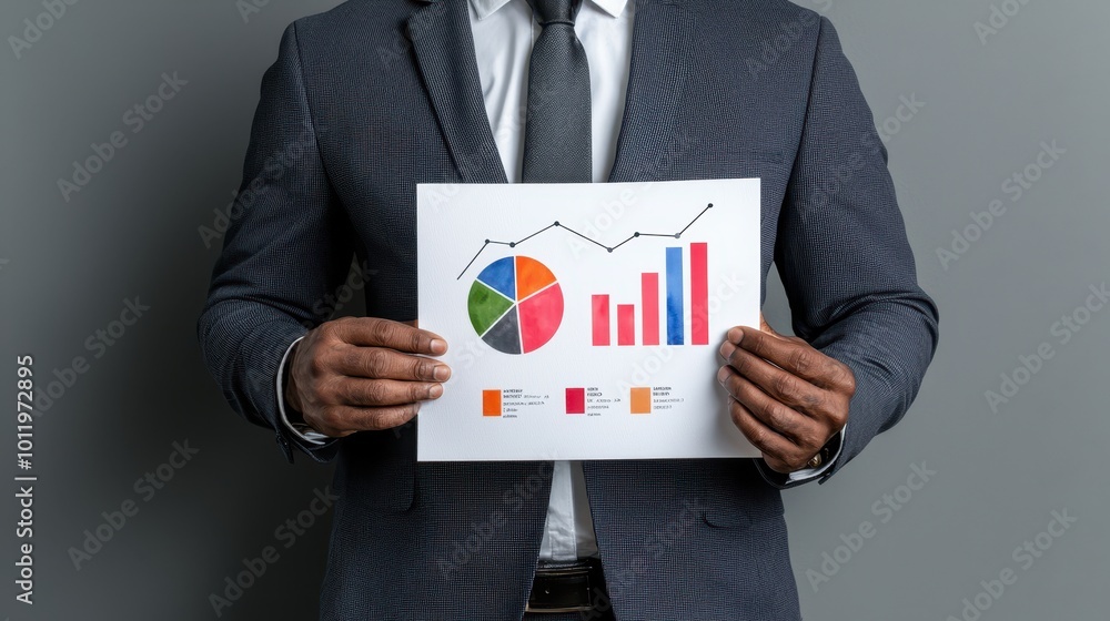 Poster a business professional holding a report featuring colorful charts and graphs, illustrating data tre
