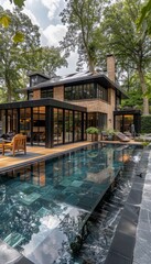 Obraz premium Modern home with a sleek pool and a large patio.