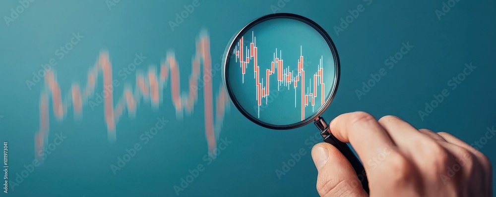 Poster a hand holds a magnifying glass over a digital graph, symbolizing analysis and scrutiny of data tren
