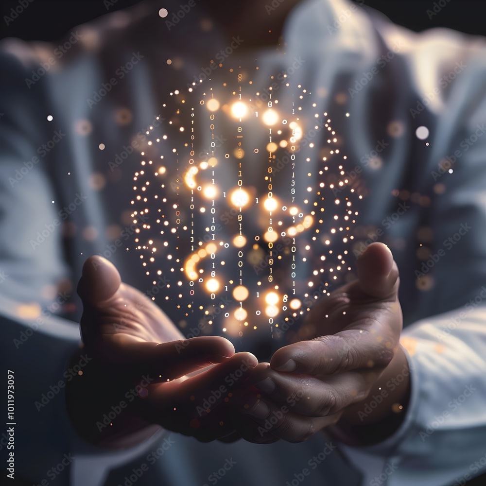 Poster scientist holding glowing dna strand with binary code symbolizing future of data storage