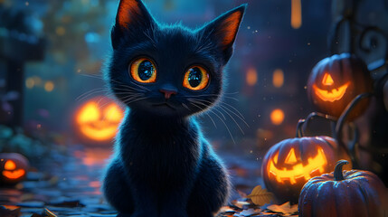 Black Cat with Jack-o-Lanterns Illustration