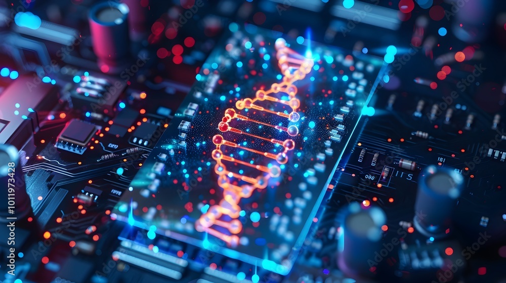 Poster futuristic computer chip with dna inspired double helix design representing data storage