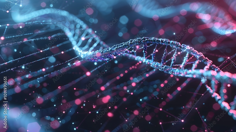 Poster futuristic dna based blockchain concept with glowing sequences and data visualization