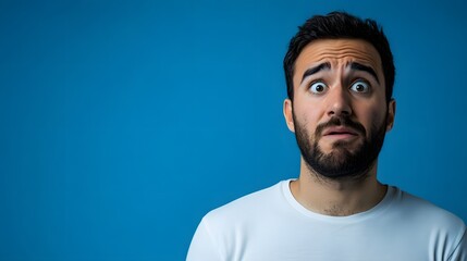 Obraz premium A Young Man with a Staring Expression and a Slight Open Mouth, Wearing a White T-Shirt Against a Blue Background