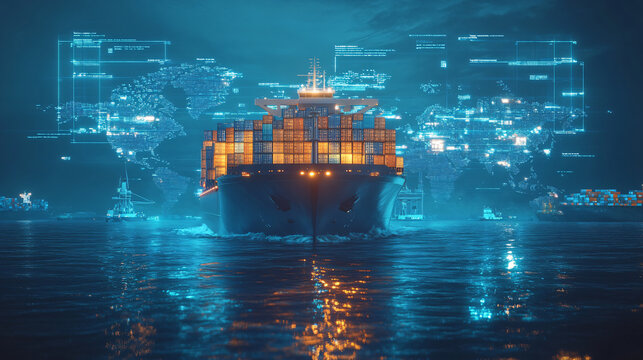 Futuristic cargo container ships utilize technology for global logistics, employing world maps and supply chain networks  - Powered by Adobe