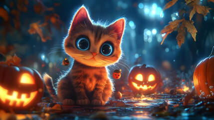 Cute Kitten with Jack-o'-Lanterns Illustration