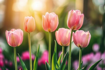 Obraz premium Five pink tulips bloom in the soft light of the setting sun, their petals glowing with warmth.