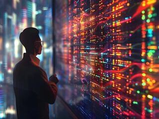 Scientist Viewing Holographic DNA Sequences Showcasing Large Scale Data Storage for City Infrastructure