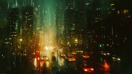 Fototapeta premium An indistinct cityscape at night, illuminated by the soft glow of countless headlights from vehicles passing by. The scene evokes a sense of urban anonymity