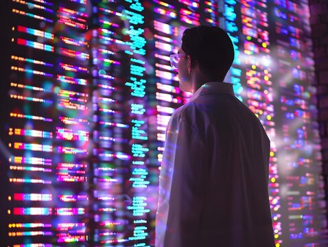 Scientist Examining Holographic DNA Data Display of City Infrastructure