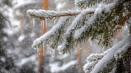 Snowy fir tree branches sparkle with melted snow and icicles in the winter forest, signaling the arrival of spring.