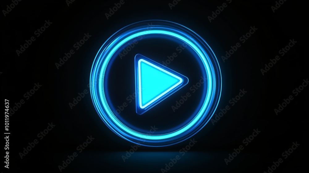 Fototapete animated neon play button in blue on a black background. the button is in a neon style, reminiscent 