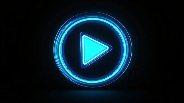 Animated neon play button in blue on a black background. The button is in a neon style, reminiscent of the start button on a computer. It represents technology and computers