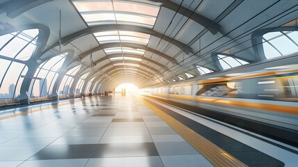 Futuristic Train Station with Energy Harvesting Floor Tiles Powering the Movement of Passengers