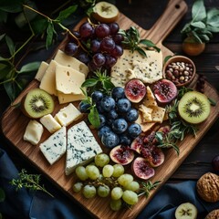 Assorted Cheeses, Honey, Figs, and Grapes Served on Wooden Board for Gourmet Dining