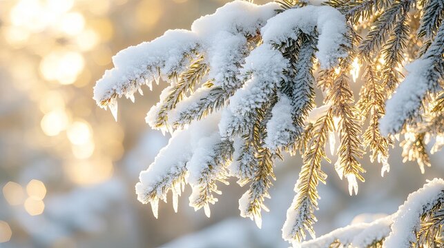 Snowy fir tree branches sparkle with melted snow and icicles in the winter forest, signaling the arrival of spring. - Powered by Adobe