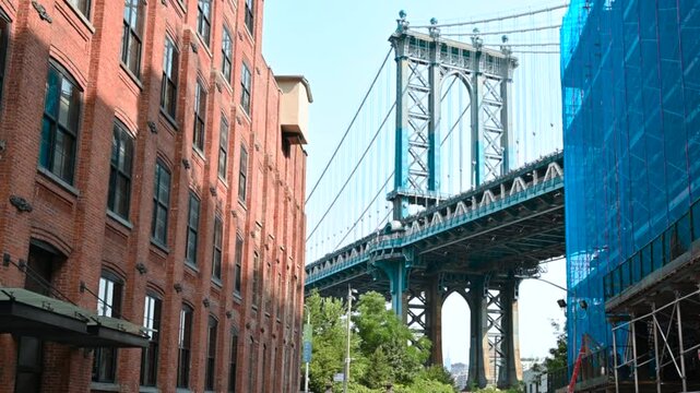 New York, United States, August 15, 2024. Dumbo Footage - Manhattan Bridge View. One of the most iconic views of the city. Engaging POV footage walking towards the bridge. Travel Destinations.