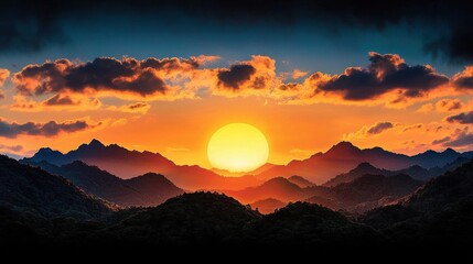 Fototapeta premium A photostock images of a sunset over a mountain range with orange skies