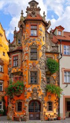 Fototapeta premium A colorful and whimsical building with an intricate facade and multiple windows, standing out against the blue sky.