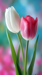 Naklejka premium Two tulips, one white and one pink, stand tall against a blurred background.
