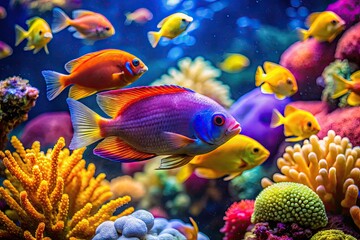 Colorful aquarium fish swimming gracefully in a vibrant underwater environment with coral reef backdrop