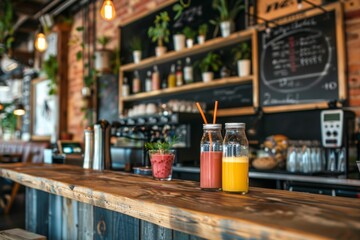 Two glasses of colorful smoothies sit on a rustic wooden bar counter in a trendy cafe setting.