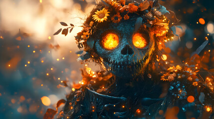 Illustration of a Skull with Flowers and Glowing Eyes