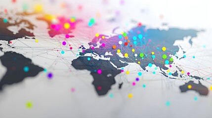 a visualization of the Internet on a gray World map, lots of colorfull nodes, white background