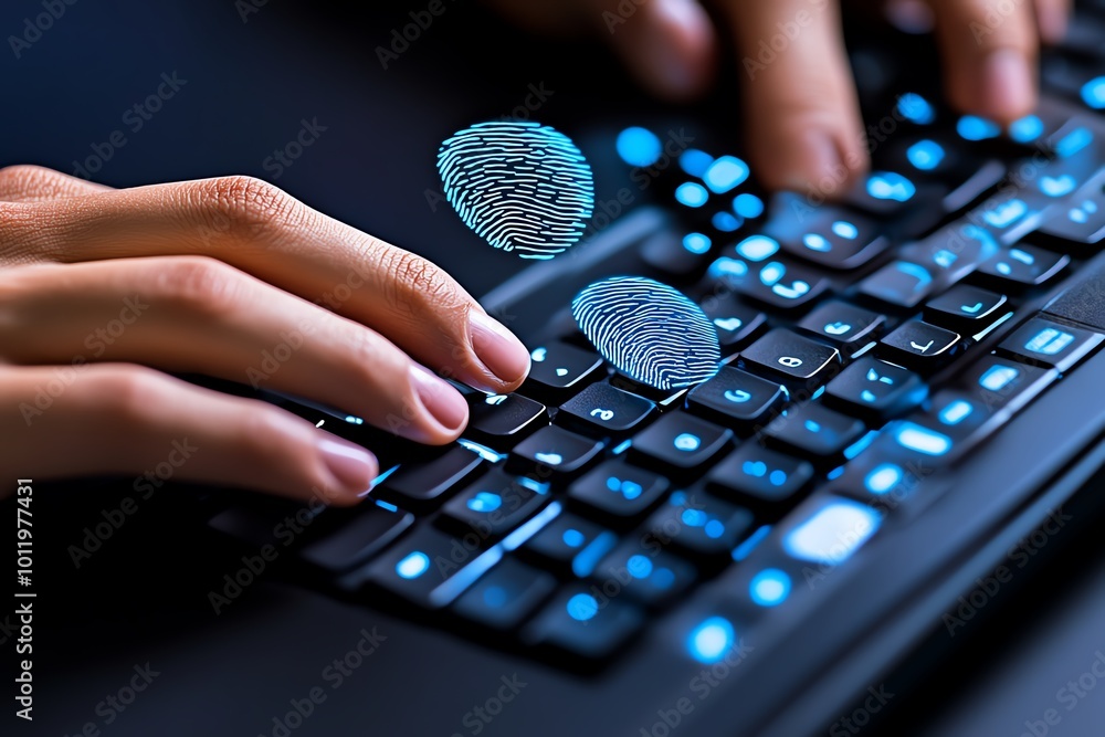 Poster A person typing on a keyboard, while digital fingerprints float above the keys, symbolizing the traceability of data theft despite efforts to remain anonymous