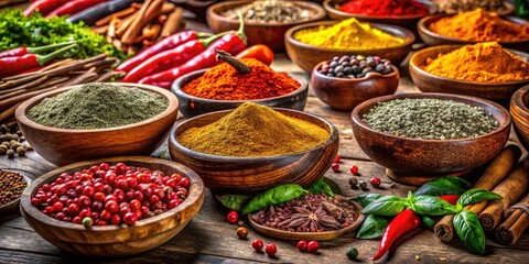 Fototapeta premium Colorful assortment of traditional aliñas spices in wooden bowls on a rustic kitchen table