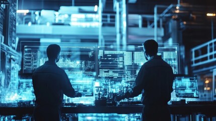 Engineers overseeing advanced industrial machines running complex operations in a smart factory.