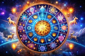 Obraz premium Colorful Astrological Symbols Representing All Zodiac Signs in a Vibrant Celestial Background