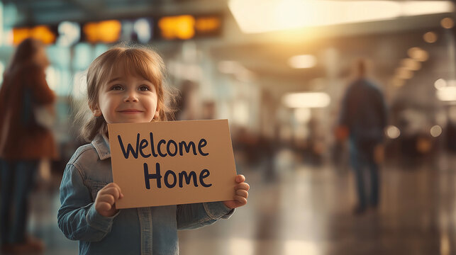 Smiling girl holding welcome home sign at airport arrival area