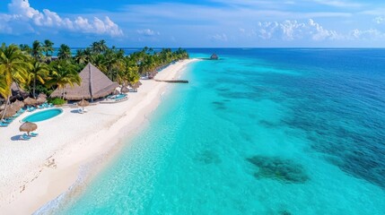 A photostock image of a luxurious beachfront resort with white sand, palm trees, and turquoise water