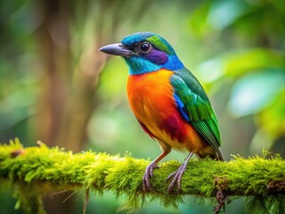 Fototapeta premium Colorful bird perched on a branch in a lush green forest showcasing nature's vibrant beauty