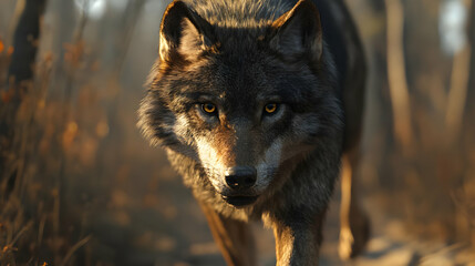 Obraz premium Close Up of a Wolf with Yellow Eyes in the Forest - Realistic Image