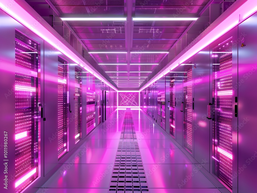Poster futuristic server room with quantum computers driving the backbone of the global quantum internet