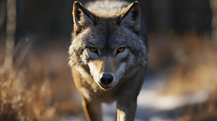 Wolf Portrait: Close-up of a Gray Wolf with Yellow Eyes