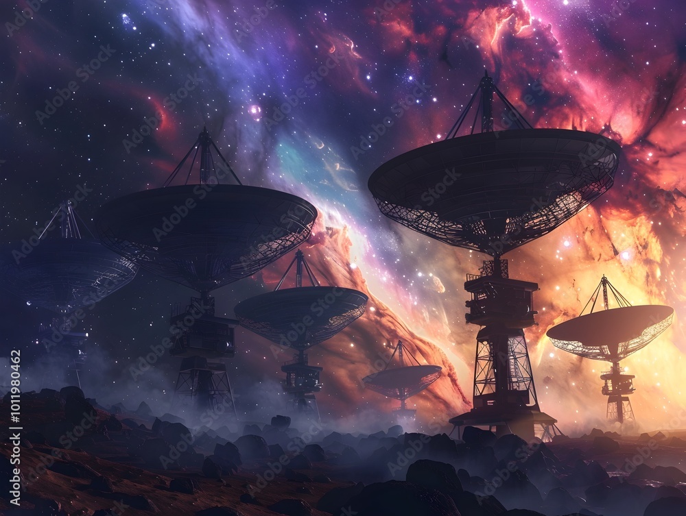 Poster massive deep space communication array receiving alien civilization signals in distant galaxy