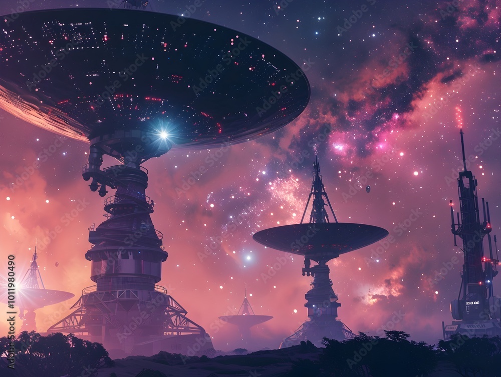 Poster futuristic deep space communication array receiving signals from distant galaxy