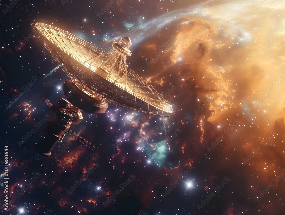 Poster massive interstellar communication relay station floating in deep space beaming messages across gala
