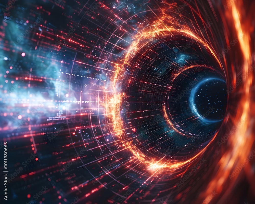 Poster holographic interstellar communication concept with glowing data streams through wormhole